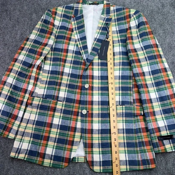 Tommy Hilfiger Blazer Mens 42L Colorful Plaid Ethan 100% Linen Jacket $295 MSRP
